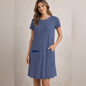 Cabana Life Navy Blue Patterned Short Sleeve Shift Dress